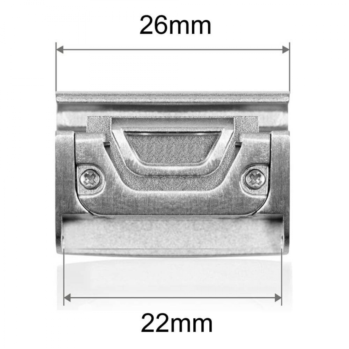 Ein Metallbauteil mit den Maßen 26 mm x 22 mm. Das Bauteil hat eine rechteckige Form mit detaillierten Innenstrukturen.
