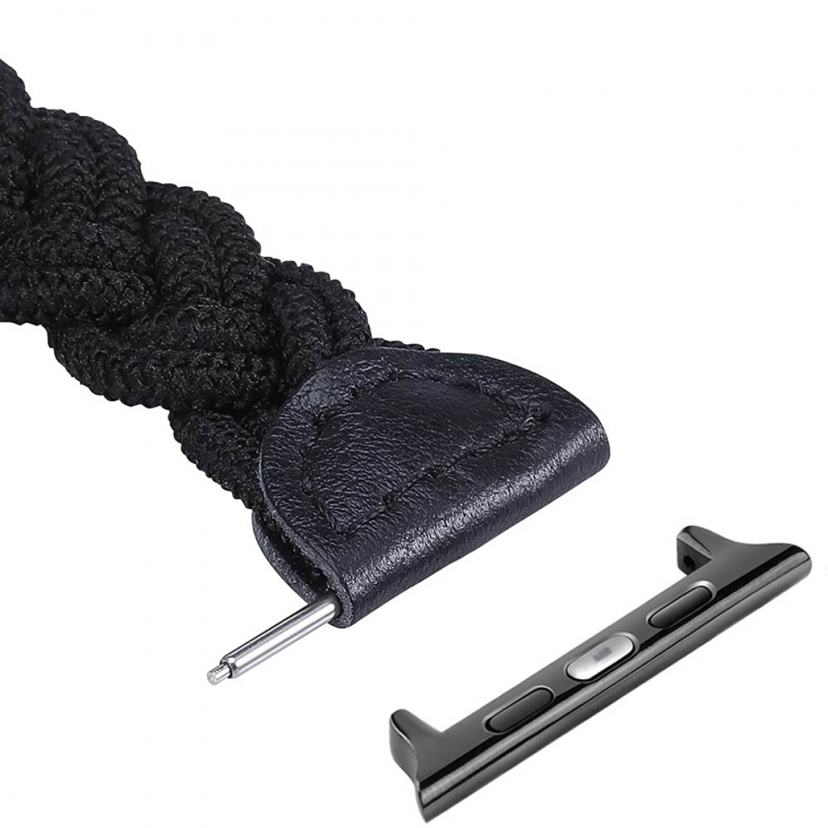 Schwarzes Uhrenarmband mit geflochtenem Design, Lederende und schwarzem Verbinder. Silberner Stift und ein schwarzes Uhrenanschlussstück sind sichtbar.