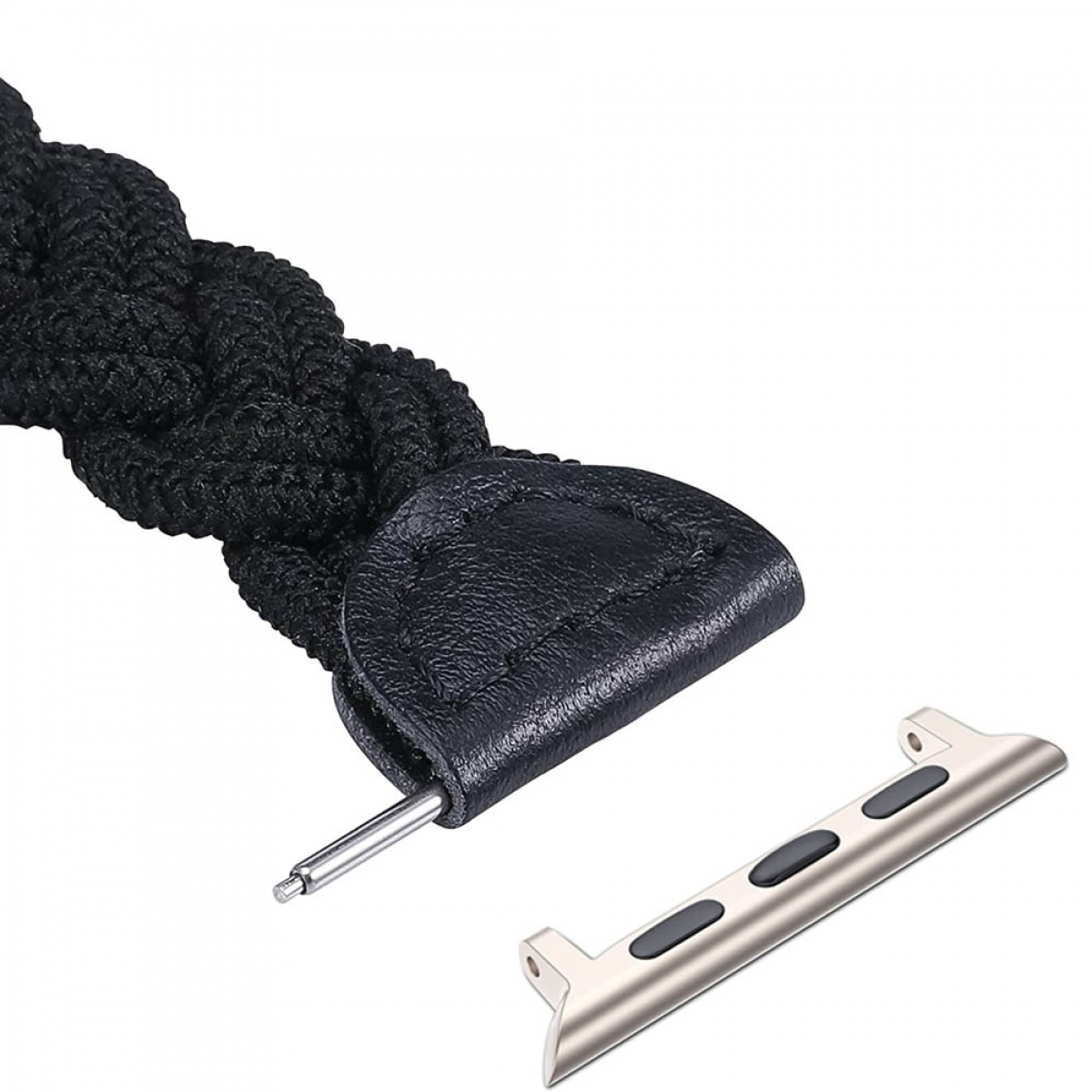 Schwarzes geflochtenes Uhrenarmband mit Lederende und einem silbernen Uhrenanschluss.