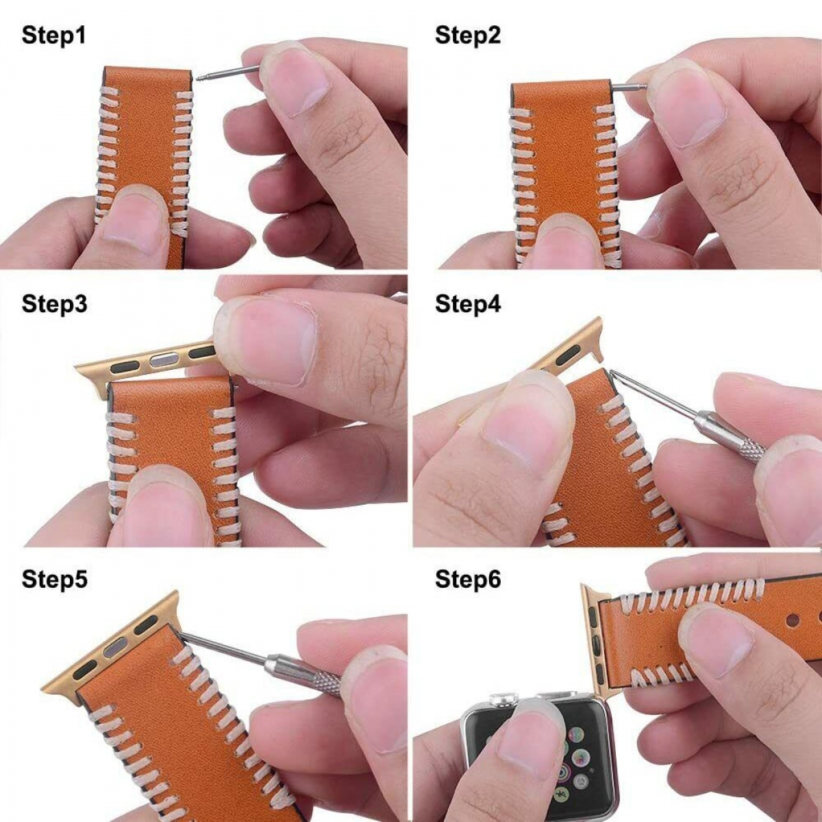 Sechs-Schritte-Anleitung zum Anbringen eines Uhrenarmbands. Hände verwenden Werkzeuge, um Stifte an einem braunen Lederarmband einzusetzen und zu entfernen.