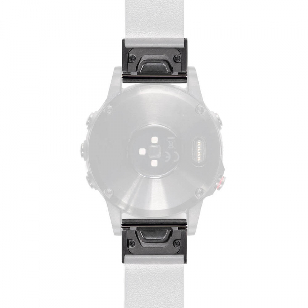 Eine Uhr mit weißen Armbändern und schwarzen Anschlüssen. Das Zifferblatt ist silberfarben und das Armband ist weiß, vor weißem Hintergrund.