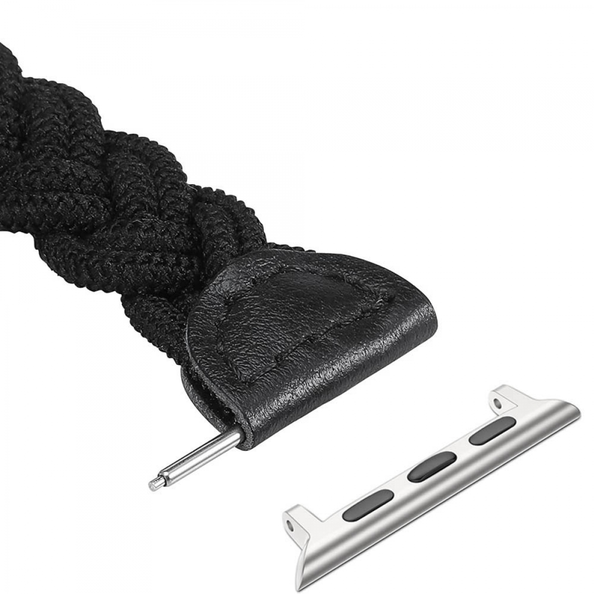 Nahaufnahme eines schwarzen, geflochtenen Uhrenarmbands mit einem Lederstück und einem abgenommenen silbernen Uhrenadapter.