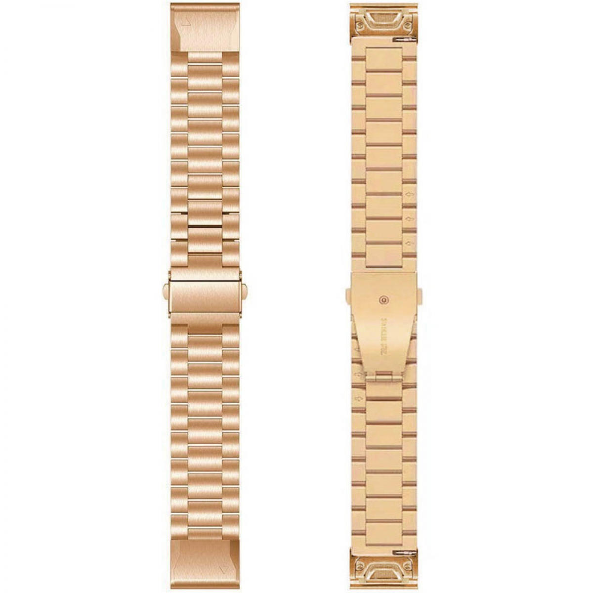 Zwei goldene Uhrenarmbänder nebeneinander. Das linke hat eine Schnalle in der Mitte, das rechte oben.