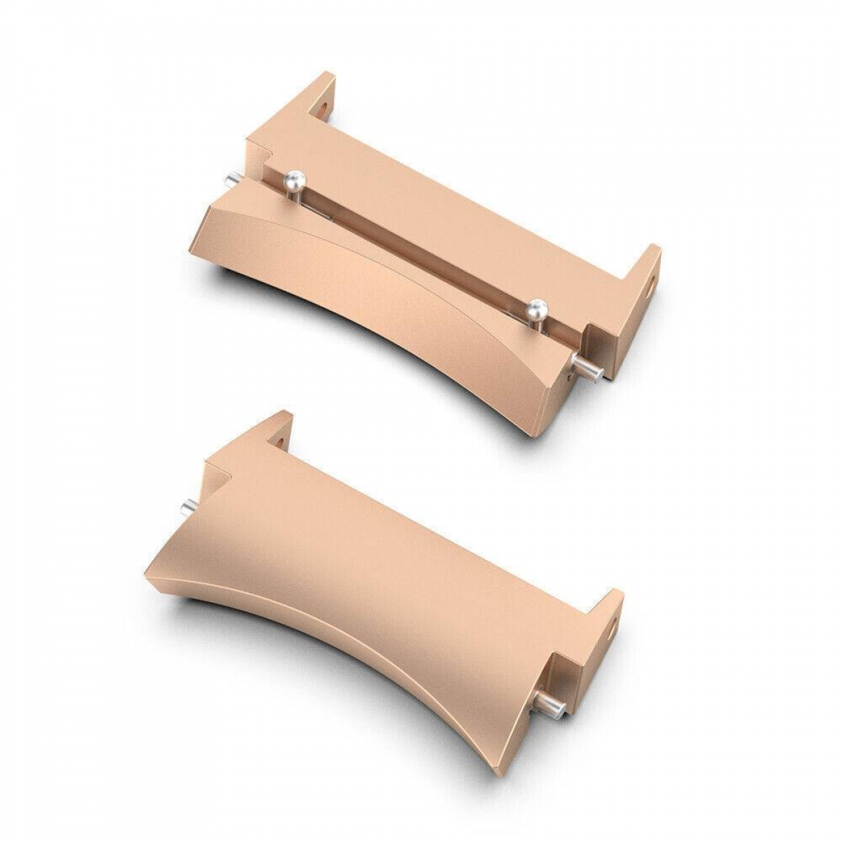 Zwei goldene Uhrenarmbandadapter auf weißem Hintergrund. Jeder hat eine gebogene Basis und Metallstifte.