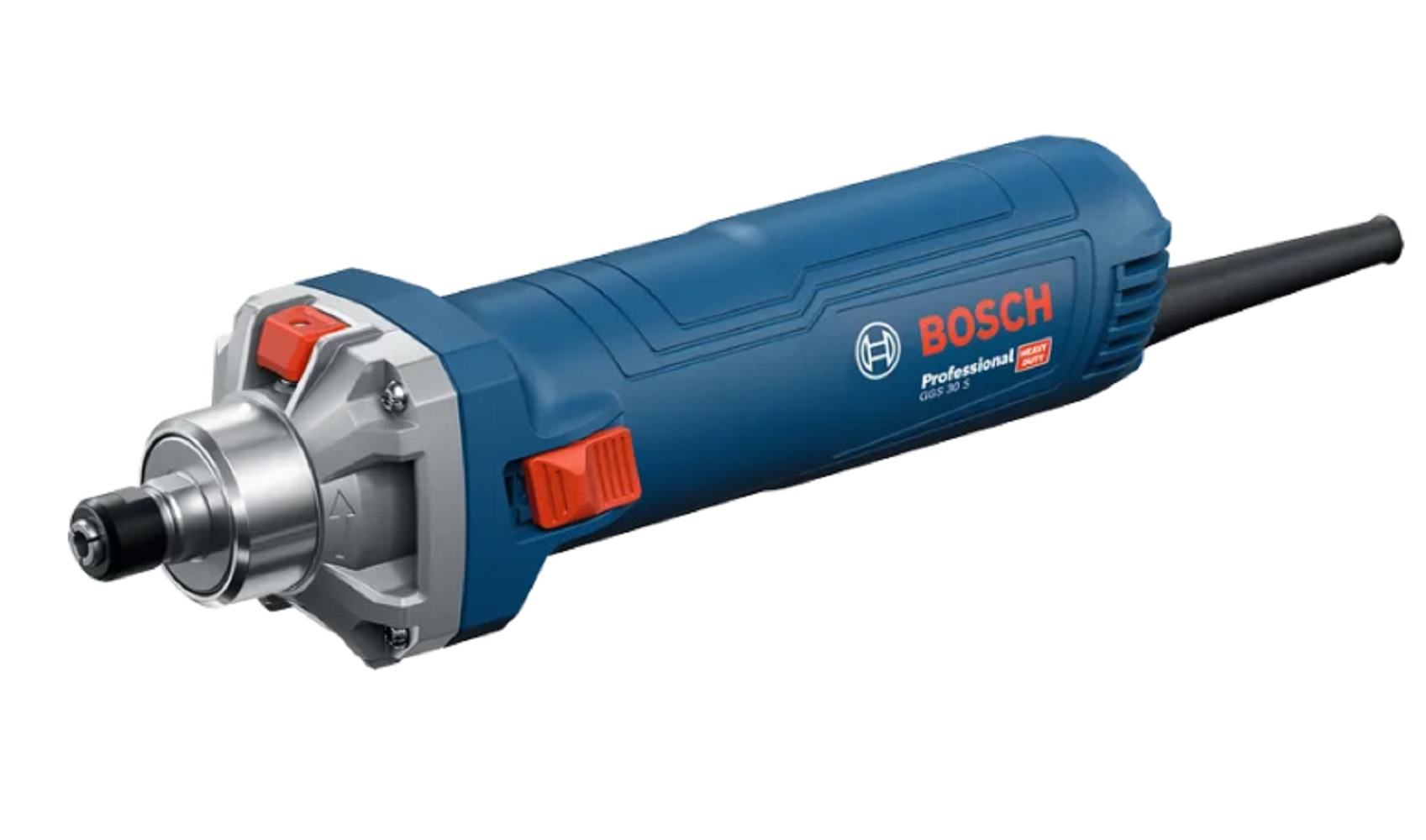 Blaues Bosch-Elektrowerkzeug mit roten Knöpfen. Es hat ein silbernes Vorderteil und eine schwarze Verlängerung. Der Hintergrund ist weiß.