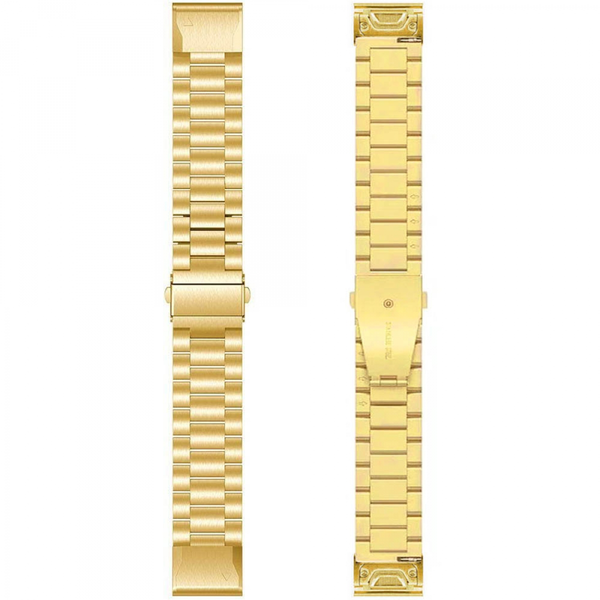 Zwei goldene Metall-Uhrenarmbänder nebeneinander. Beide sind rechteckig mit mehreren kleinen Gliedern und Verschlüssen.