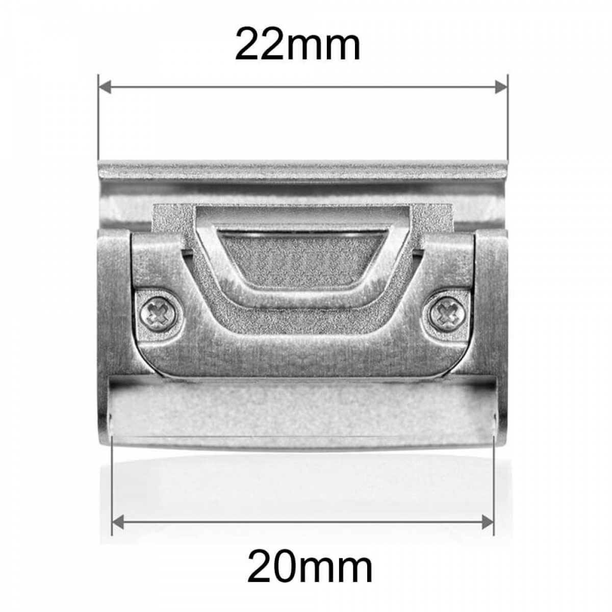 Ein silbernes rechteckiges Bauteil mit einem zentralen, vertieften Bereich. Abmessungen: 22 mm x 20 mm. Textlabels oben und unten.