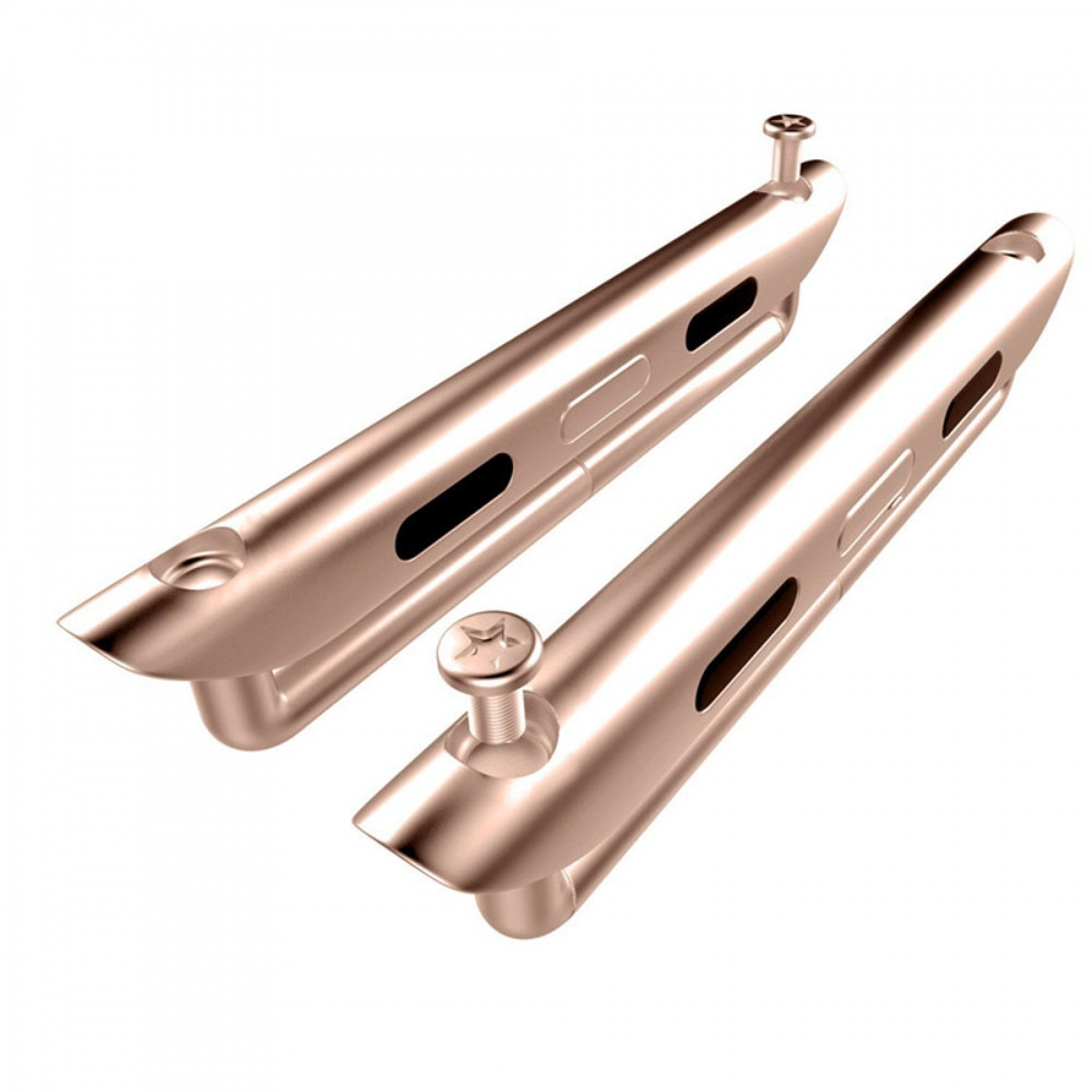 Zwei roségoldfarbene Metallteile. Jedes hat eine Schraube und mehrere Öffnungen. Weißer Hintergrund.