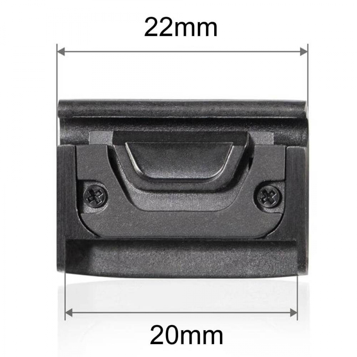 Ein schwarzes rechteckiges Gerät mit den Maßen 22 mm und 20 mm, beschriftet mit Pfeilen, die die Maße anzeigen.