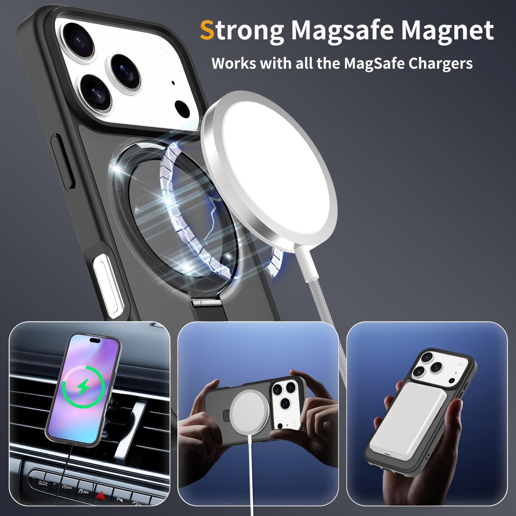 Das Bild zeigt ein Telefon mit Ladegerät und Handyhülle. Es hat einen starken Magsafe-Magneten. Der Text ist gelb.
