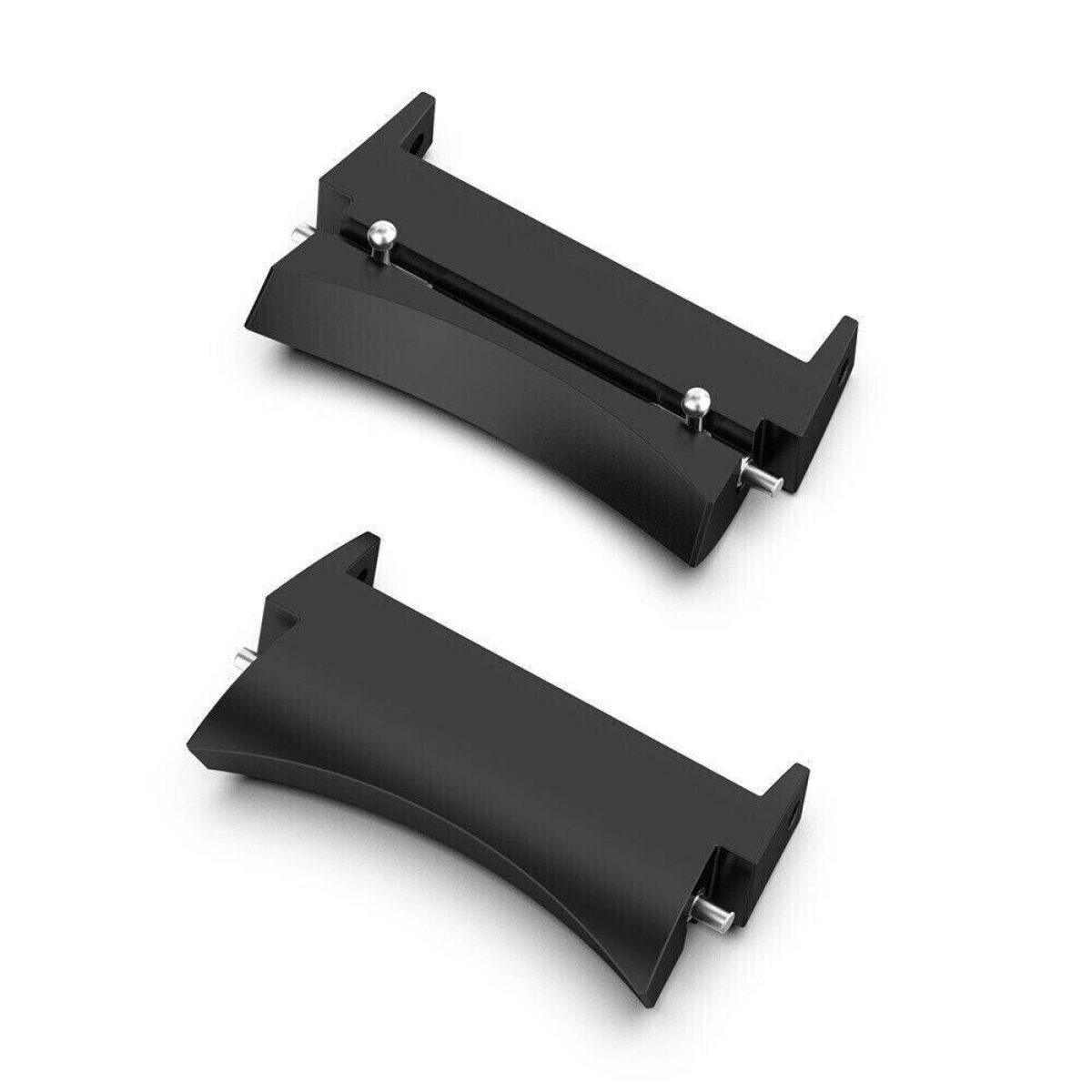 Zwei schwarze Uhrenarmbandadapter auf weißem Grund. Jeder hat eine gebogene Form und Metallstifte.
