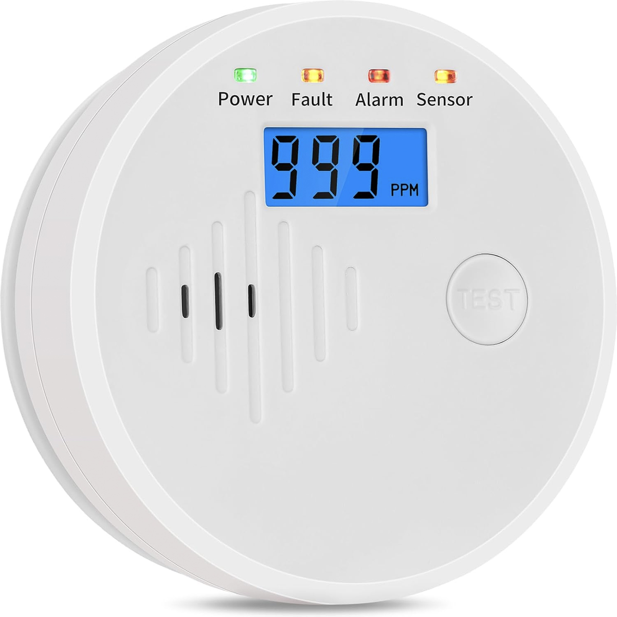 Ein weißer Kohlenmonoxid-Detektor mit digitaler Anzeige von 999 PPM. Er hat Anzeigen für Strom, Fehler, Alarm und Sensor.
