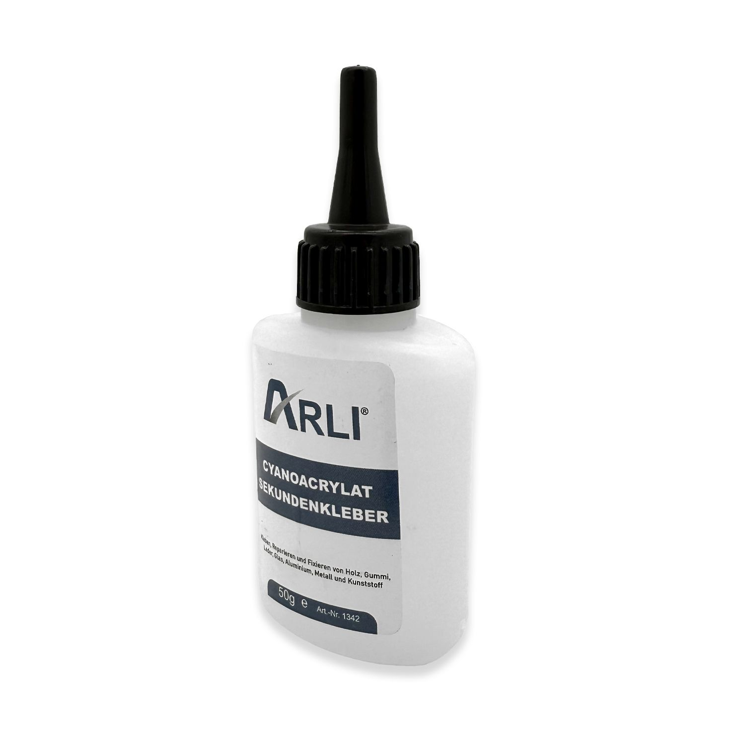 Eine weiße Klebstoffflasche mit schwarzem Verschluss. Das Etikett lautet 'CYANOACRYLAT SEKUNDENKLEBER'. Der Hintergrund ist weiß.