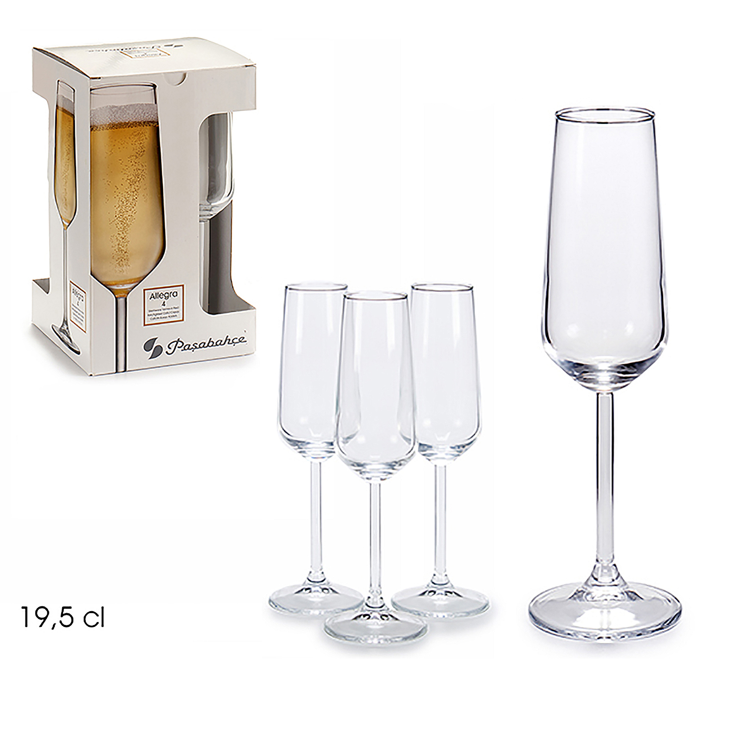 Diversi calici da champagne, alcuni in scatola, con uno pieno. Vetro trasparente con gambi lunghi, su sfondo bianco.