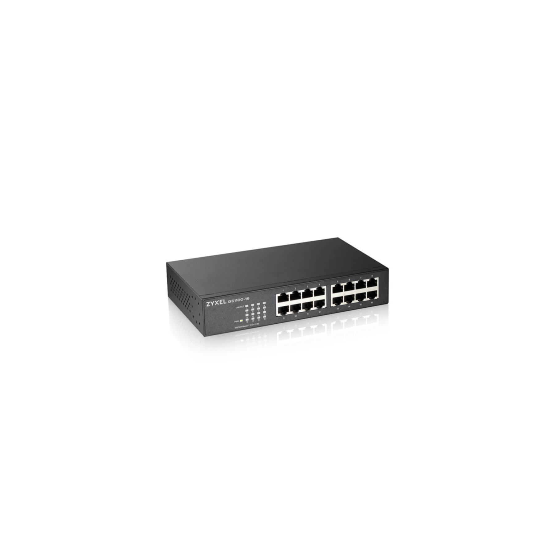 Een zwarte Zyxel GS1100-16 netwerkswitch met 16 poorten, op een witte achtergrond.