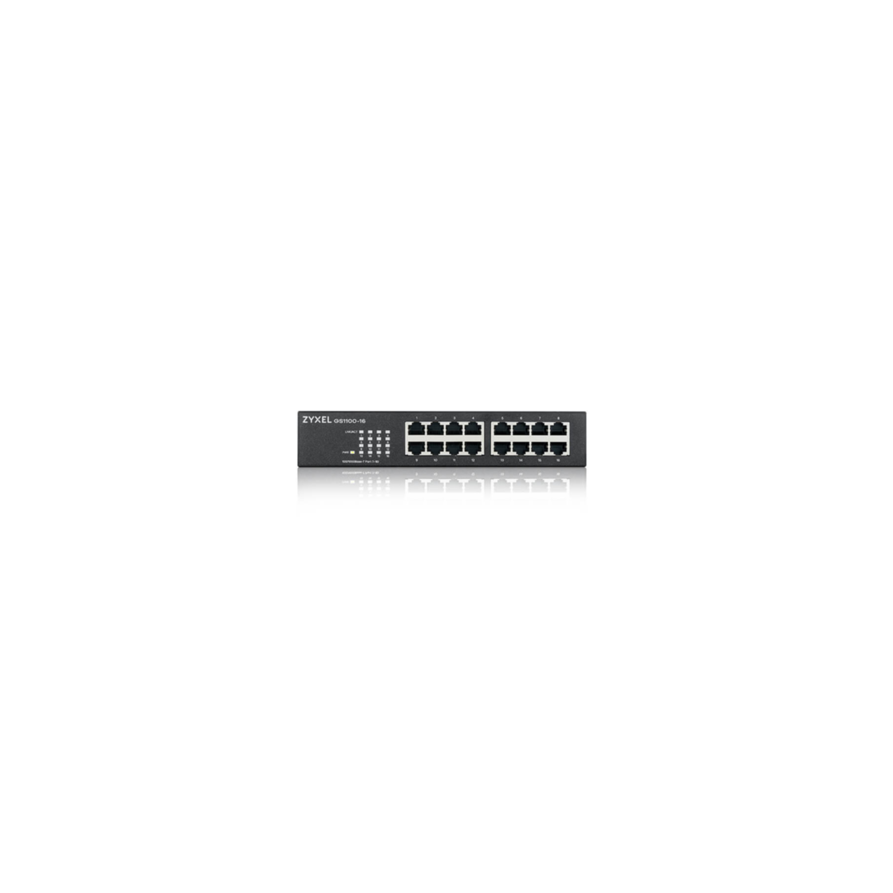 Een zwarte Zyxel GS1100-16 netwerkswitch met meerdere Ethernet-poorten, op een witte achtergrond.