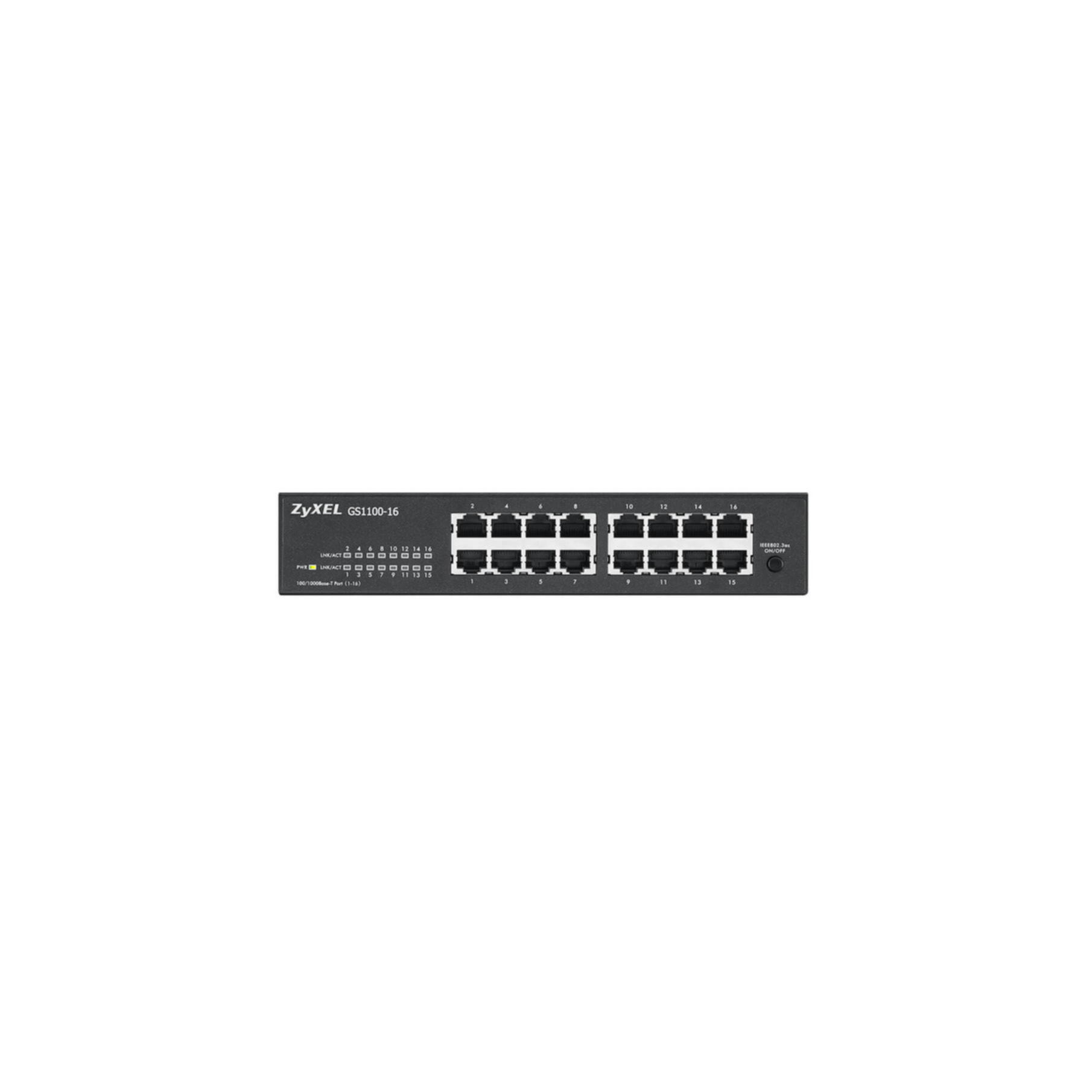 Een zwarte ZyXEL GS1100-16 switch met 16 poorten. Het heeft statuslampjes en een aan/uit schakelaar.