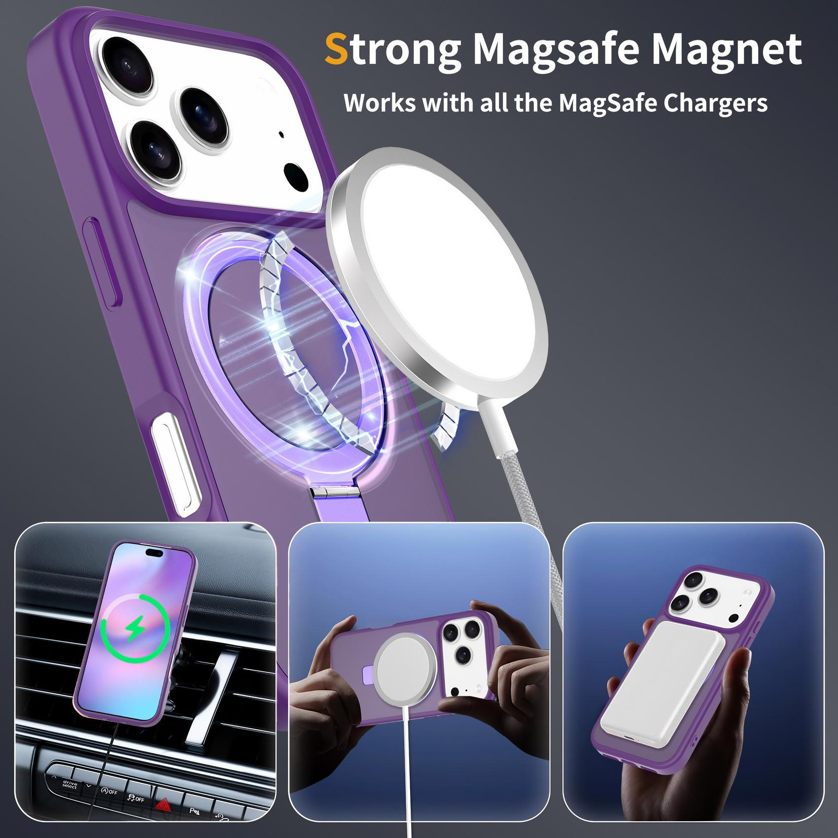 Das Bild zeigt eine lila Handyhülle mit einem weißen Ladegerät. Es hat die Worte "Strong Magsafe Magnet".