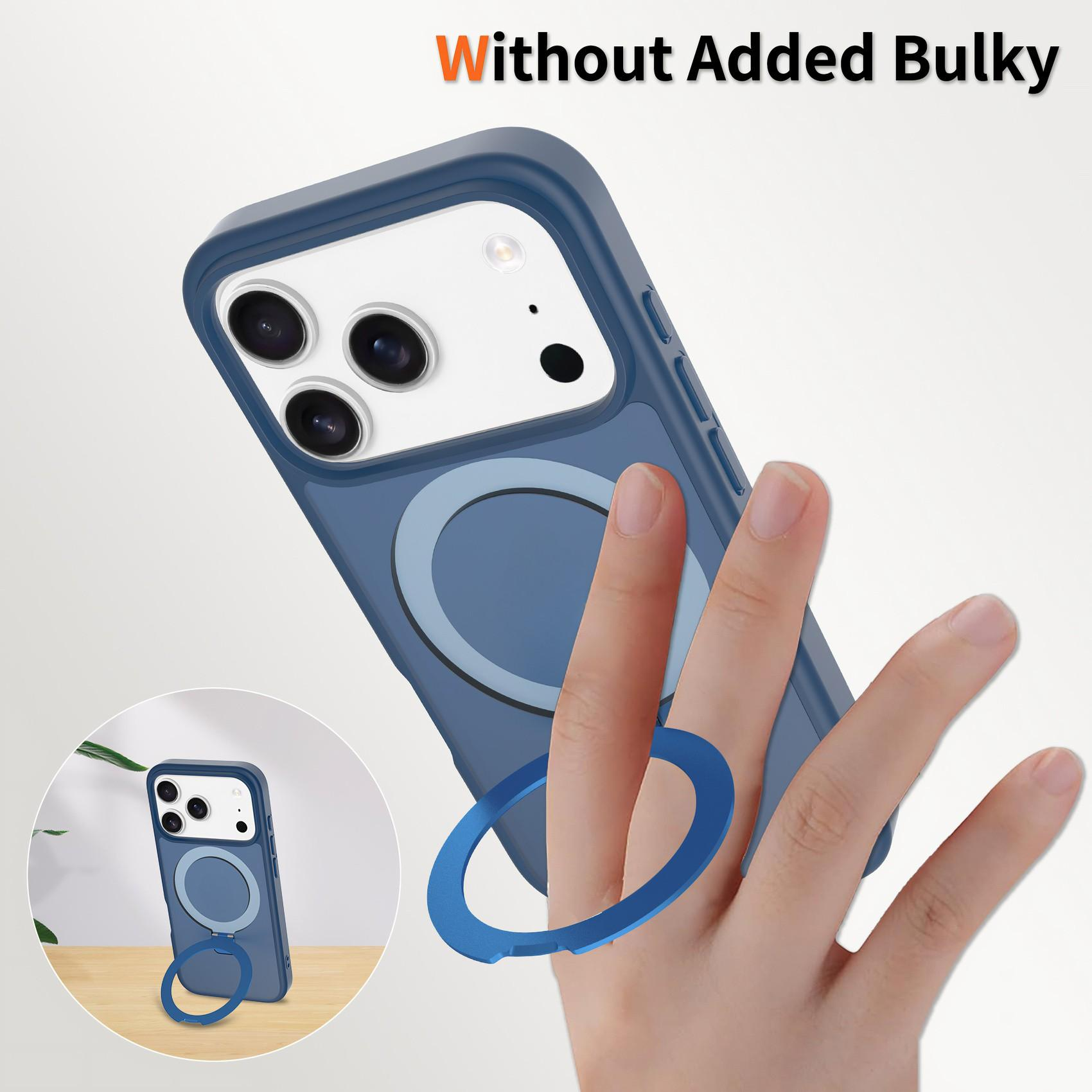 Eine blaue Handyhülle mit Ring wird von einer Hand gehalten. Weißer Hintergrund mit Text 'Without Added Bulky'.