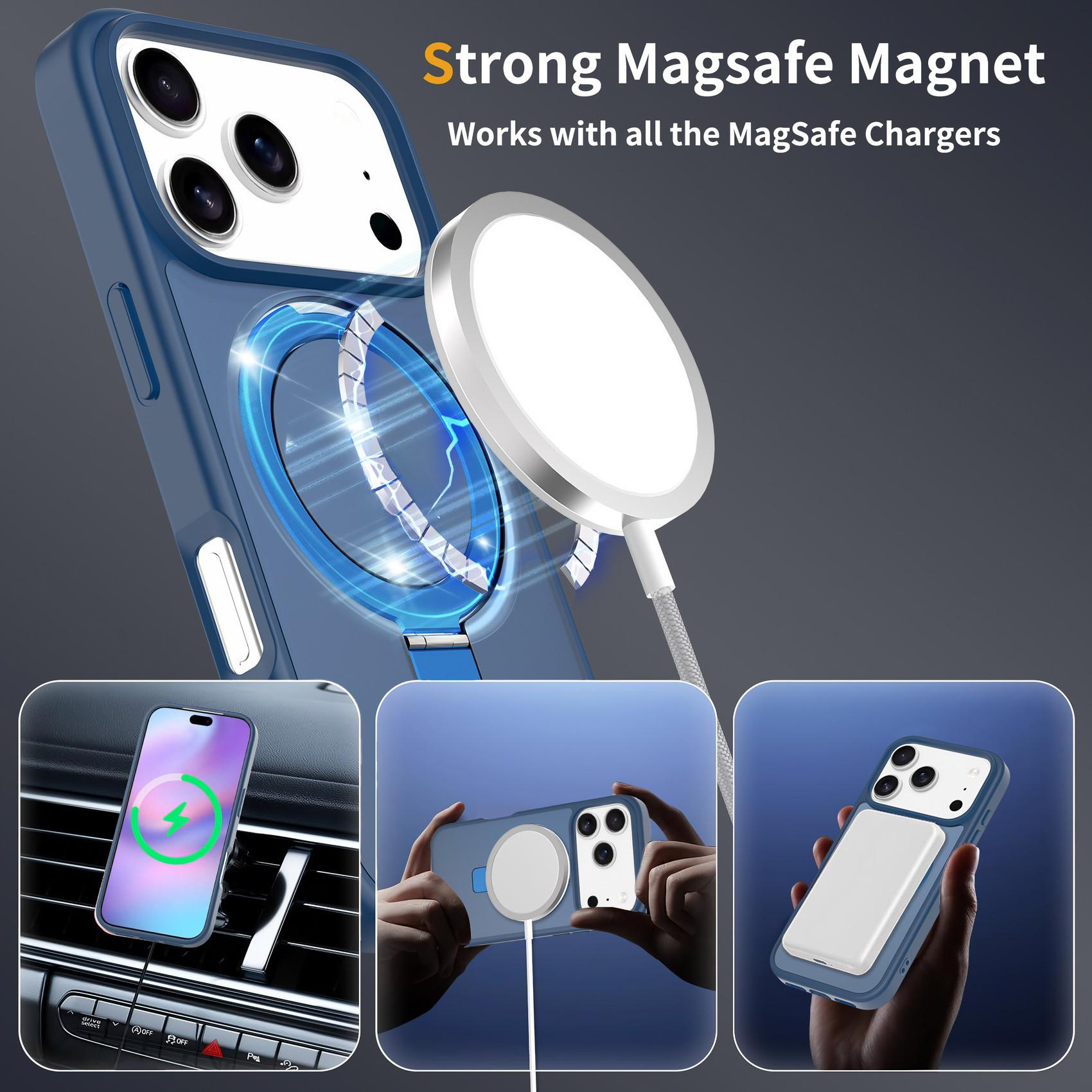 Eine blaue Telefonhülle mit einem MagSafe-Ladegerät. Das Telefon wird auch im Auto aufgeladen.