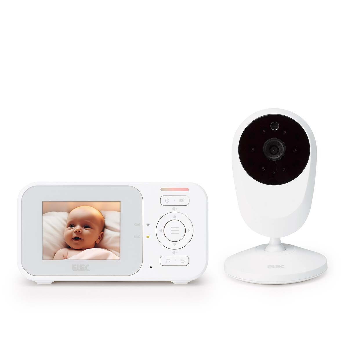 Ein Babyphone mit Bildschirm, der das Gesicht eines Babys zeigt. Rechts ist eine weiße Kamera. Der Bildschirm hat Knöpfe und Lichter.