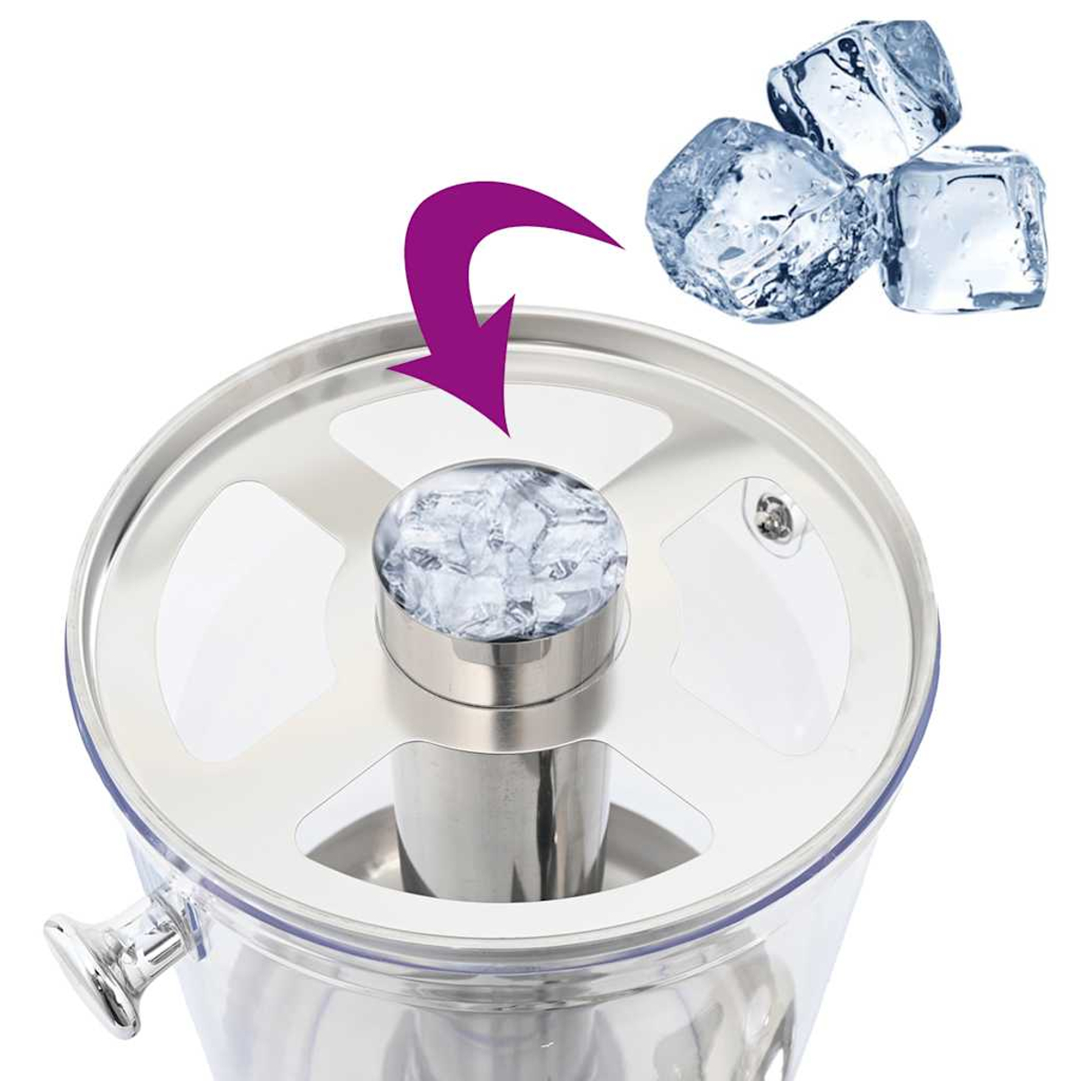 Ein klarer Eisbehälter mit einem Deckel aus Edelstahl. Ein violetter Pfeil zeigt auf das Eis. Drei Eiswürfel befinden sich über dem Behälter.