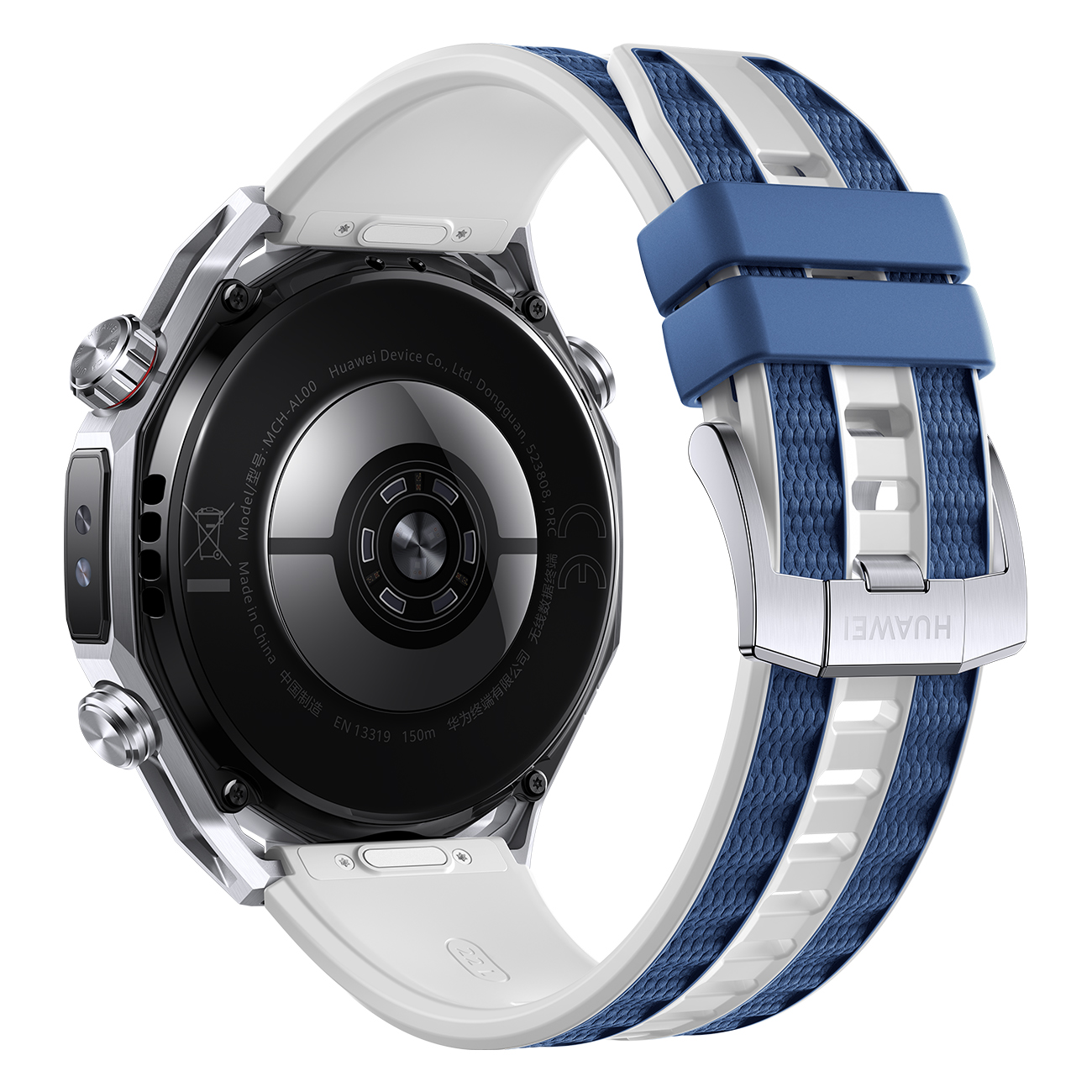 Eine silberne Huawei-Smartwatch mit Rückseite und Armbanddetails. Das Armband ist weiß und blau, die Uhr hat eine schwarze Rückseite.