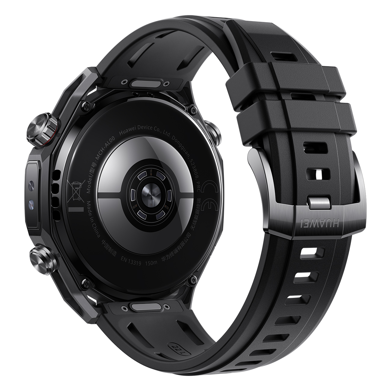 Schwarze Huawei-Smartwatch, Rückansicht, mit schwarzem Armband und Schnalle. Die Uhr hat ein rundes Display und zwei Seitentasten.