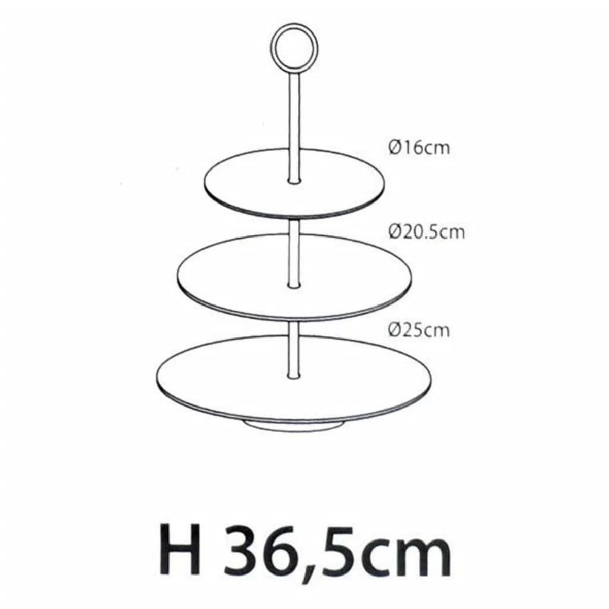 Ein dreistöckiger Kuchenständer mit Abmessungen: Ø16cm, Ø20,5cm, Ø25cm. Gesamthöhe ist H 36,5cm. Er hat einen Griff.