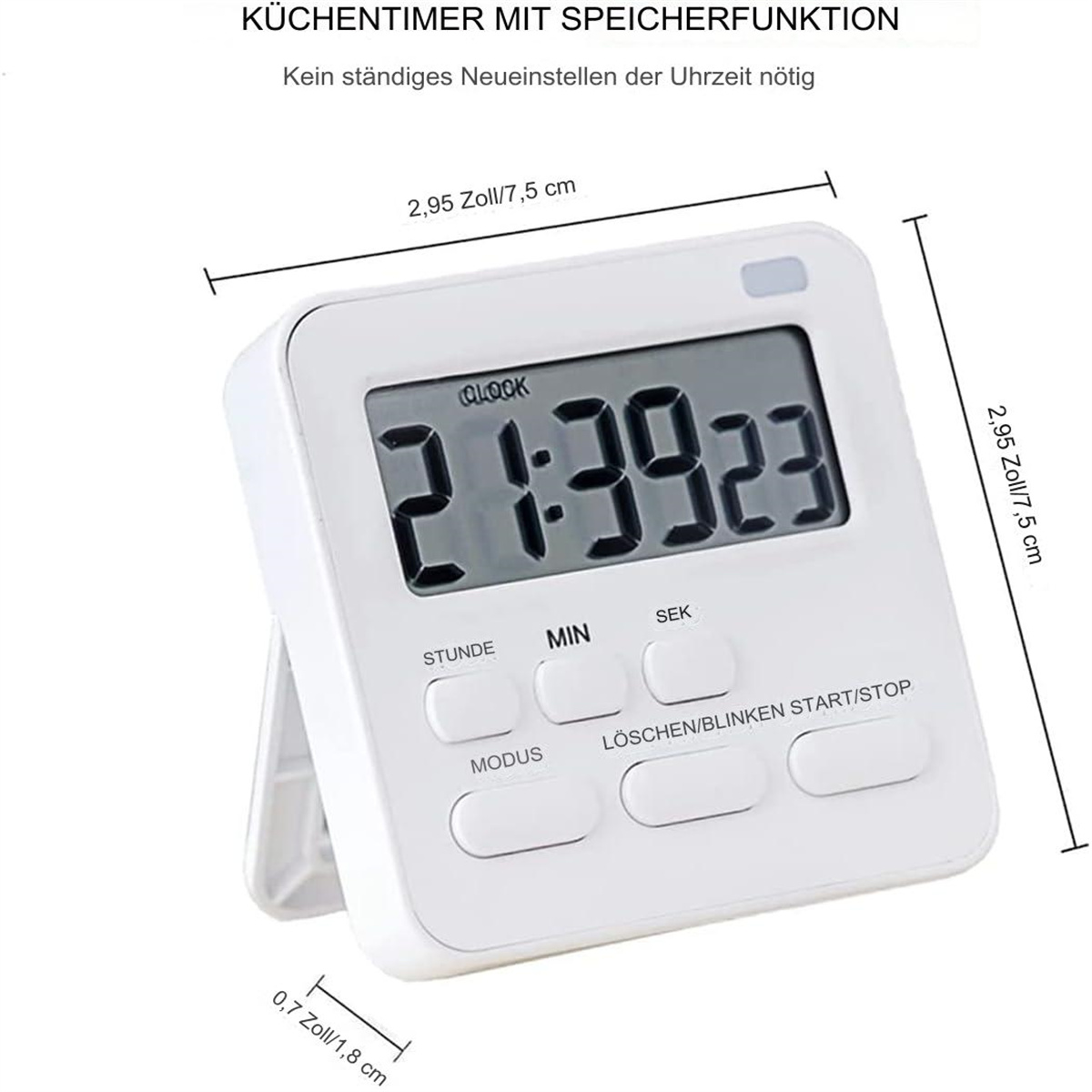 Weißer Küchentimer mit Anzeige 21:39:23. Tasten für Stunden, Minuten, Sekunden, Modus und Start/Stopp. Abmessungen werden gezeigt.