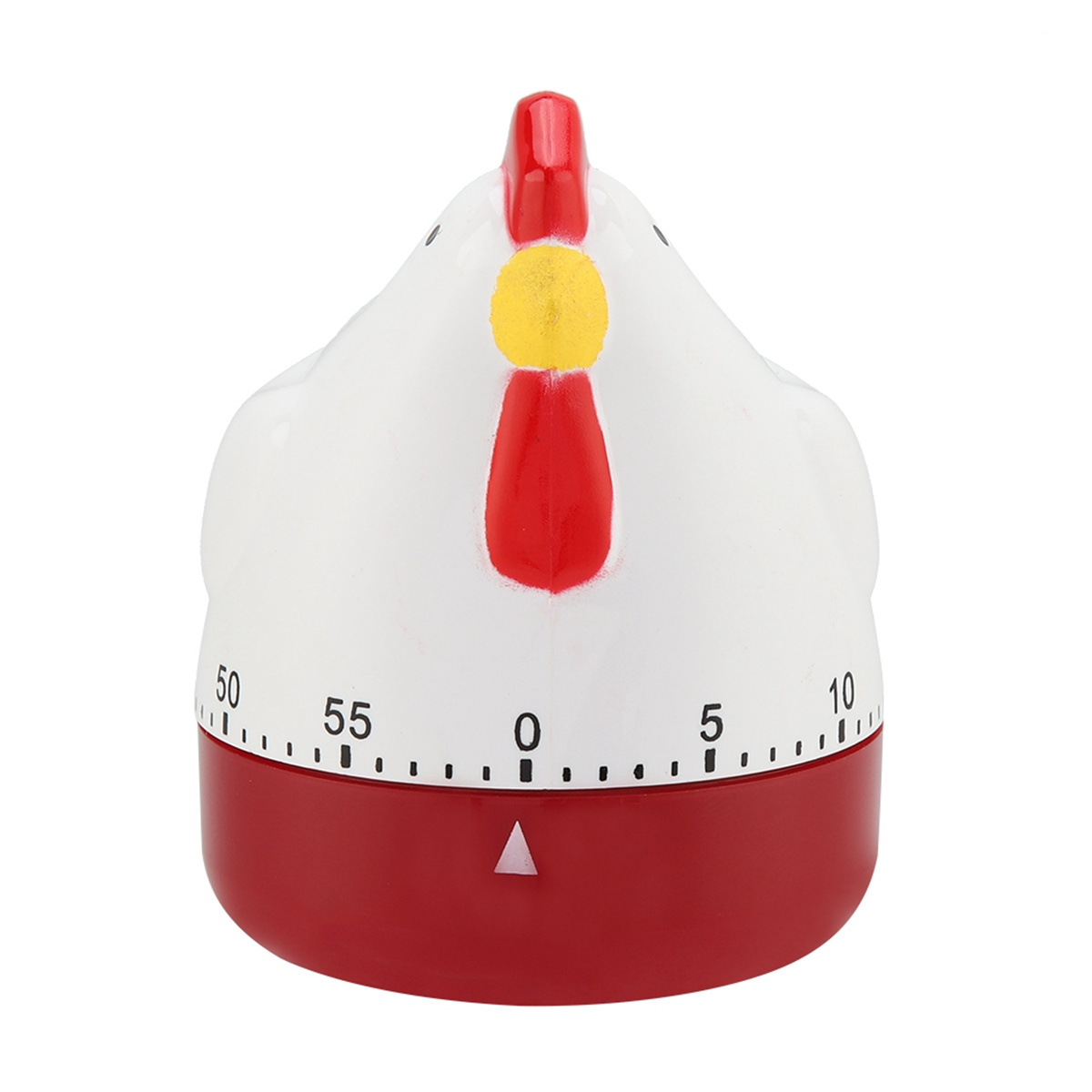 Ein huhnförmiger Küchentimer. Die Oberseite ist weiß, mit rotem Kamm und Kehllappen. Die Basis ist rot, und der Timer zeigt Zahlen an.