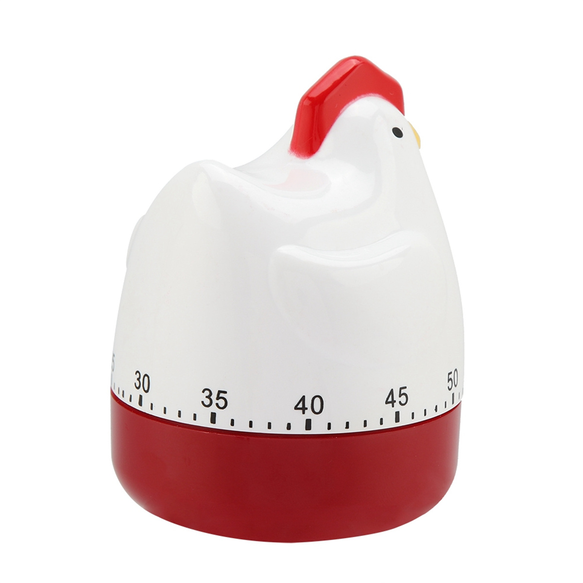 Ein weißer, hühnerförmiger Küchentimer mit rotem Sockel und Kamm. Der Timer zeigt Minuten.