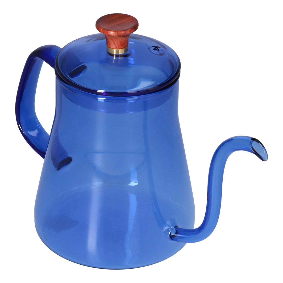 Eine blaue Glaskanne mit einem Holzknopf auf dem Deckel. Die Kanne hat einen langen, gebogenen Ausguss und einen Griff.