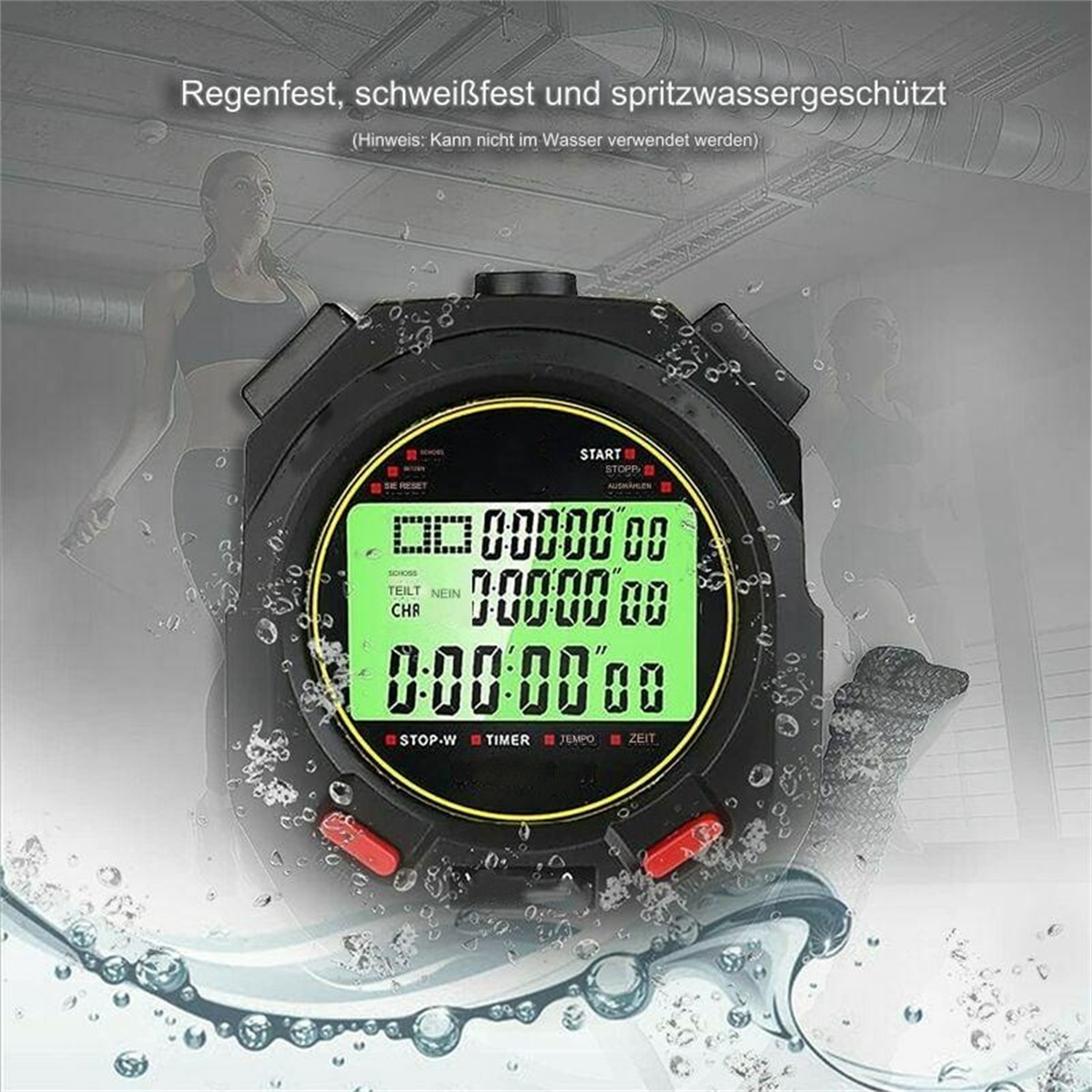Eine schwarze digitale Stoppuhr mit grünem Display. Eine Frau im Hintergrund. Wassertropfen umgeben die Stoppuhr.