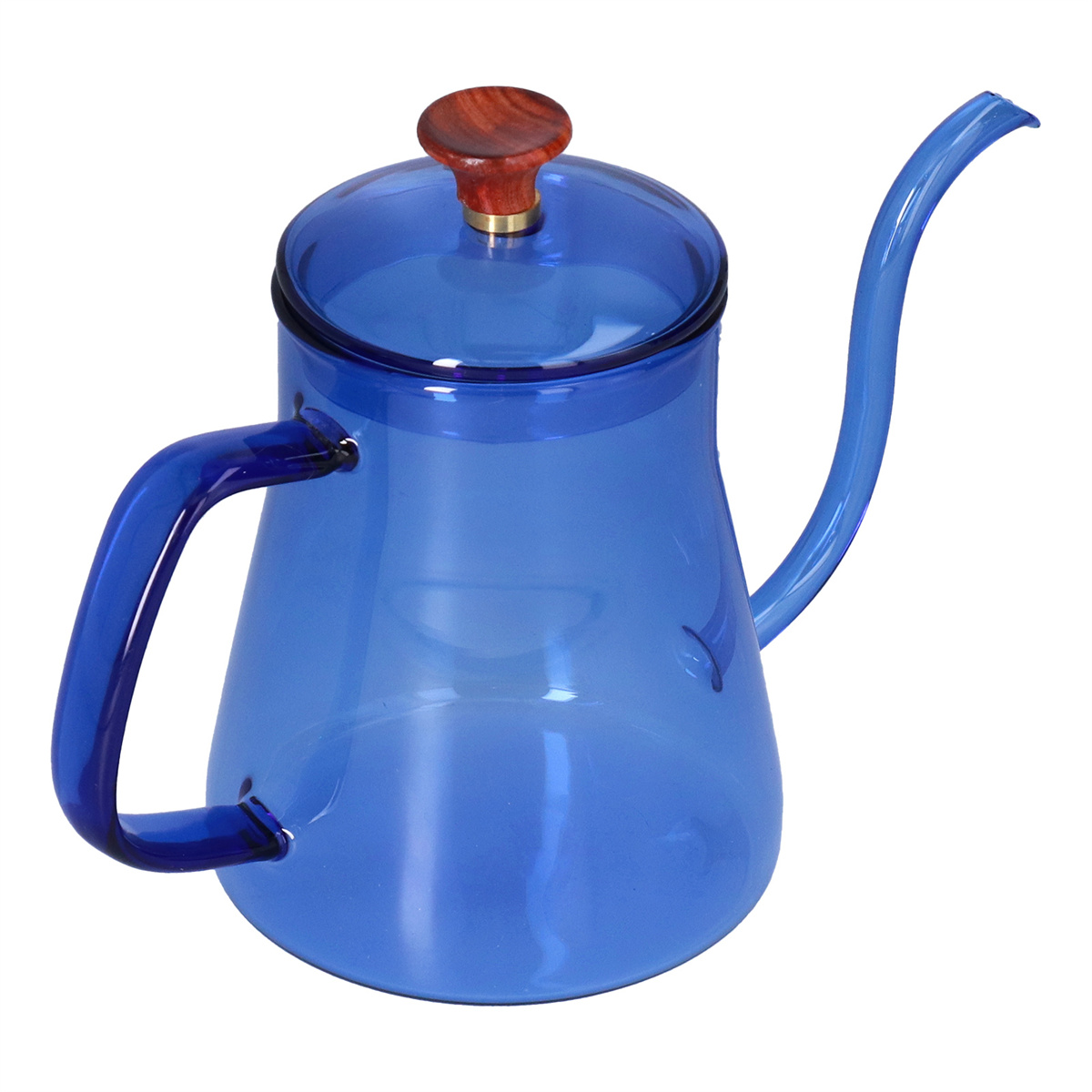 Eine transparente blaue Glaskanne mit einem hölzernen Deckelknopf. Sie hat einen langen, gebogenen Ausguss und einen Griff an der Seite.