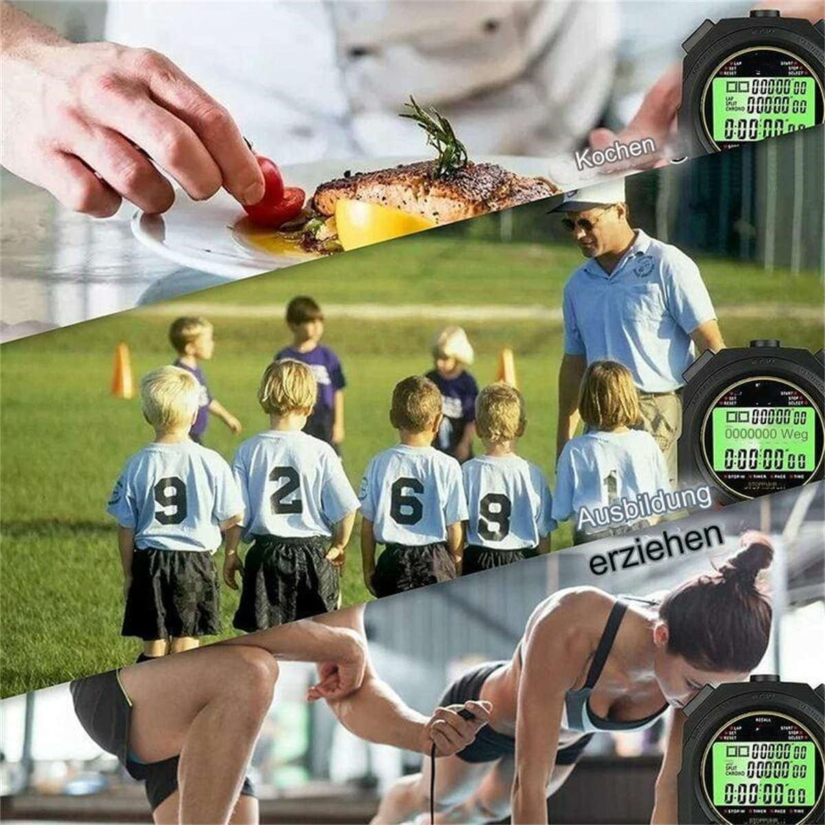 Das Bild zeigt Kochen, Kinder beim Sport und eine Frau beim Training, jeweils mit einem Timer. Verschiedene Szenen mit Timern.