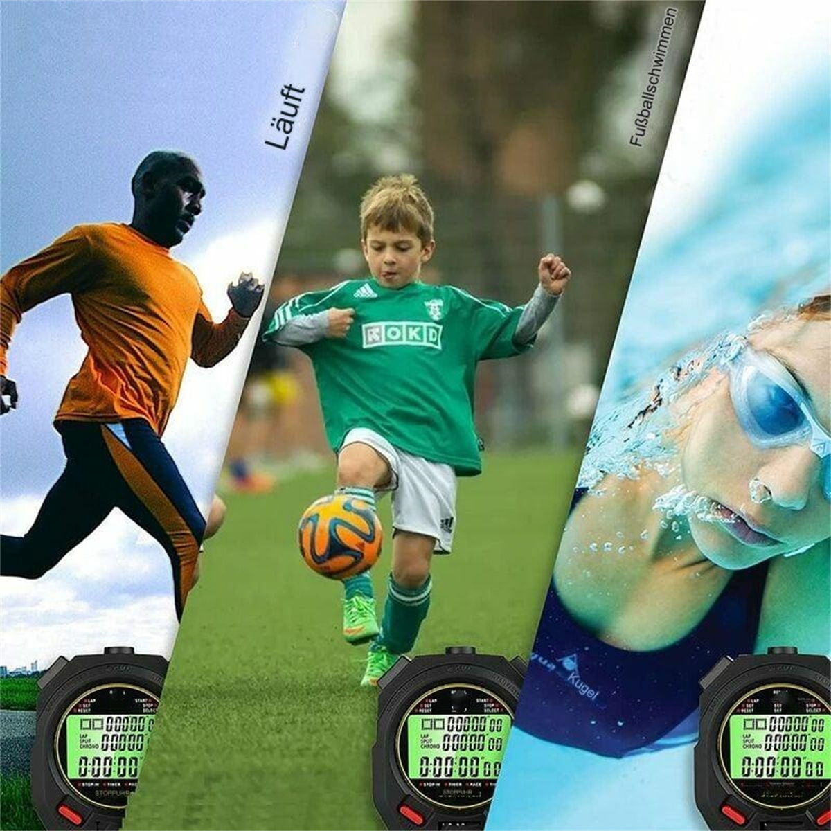 Das Bild zeigt einen Läufer, einen Fußballspieler mit Ball und einen Schwimmer. Stoppuhren sind im Vordergrund. Text kennzeichnet die Sportarten.