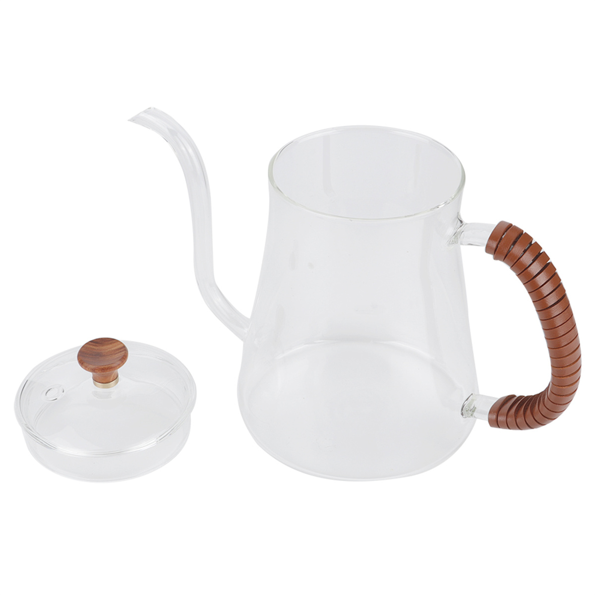 Ein klarer Glas-Pour-Over-Kaffee-Kessel und ein Deckel mit einem Holzknopf. Der Kessel hat einen braunen Griff.