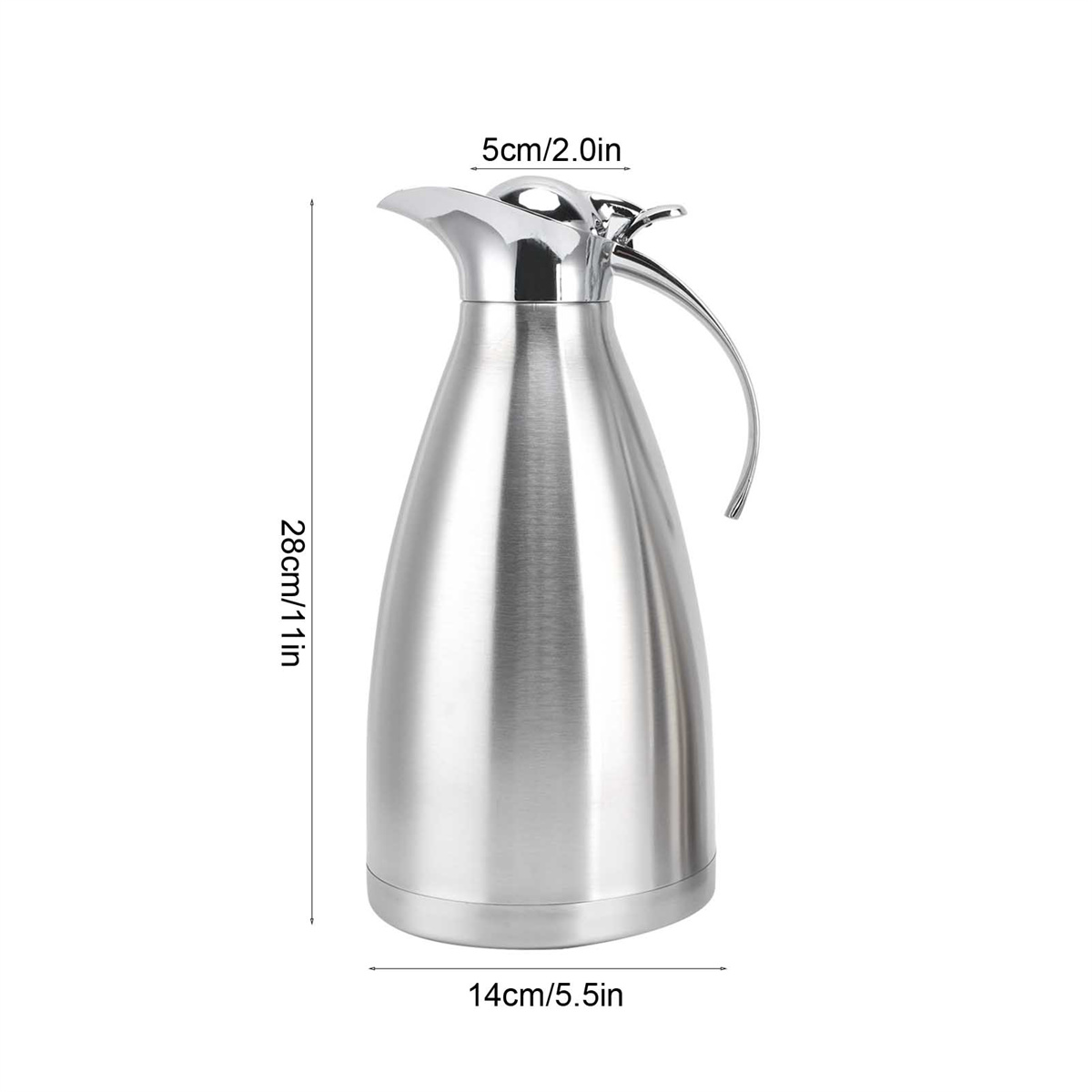 Eine Edelstahl-Thermoskanne mit Griff und Ausguss. Abmessungen: 28 cm/11 Zoll hoch, 14 cm/5,5 Zoll breit und 5 cm/2,0 Zoll.