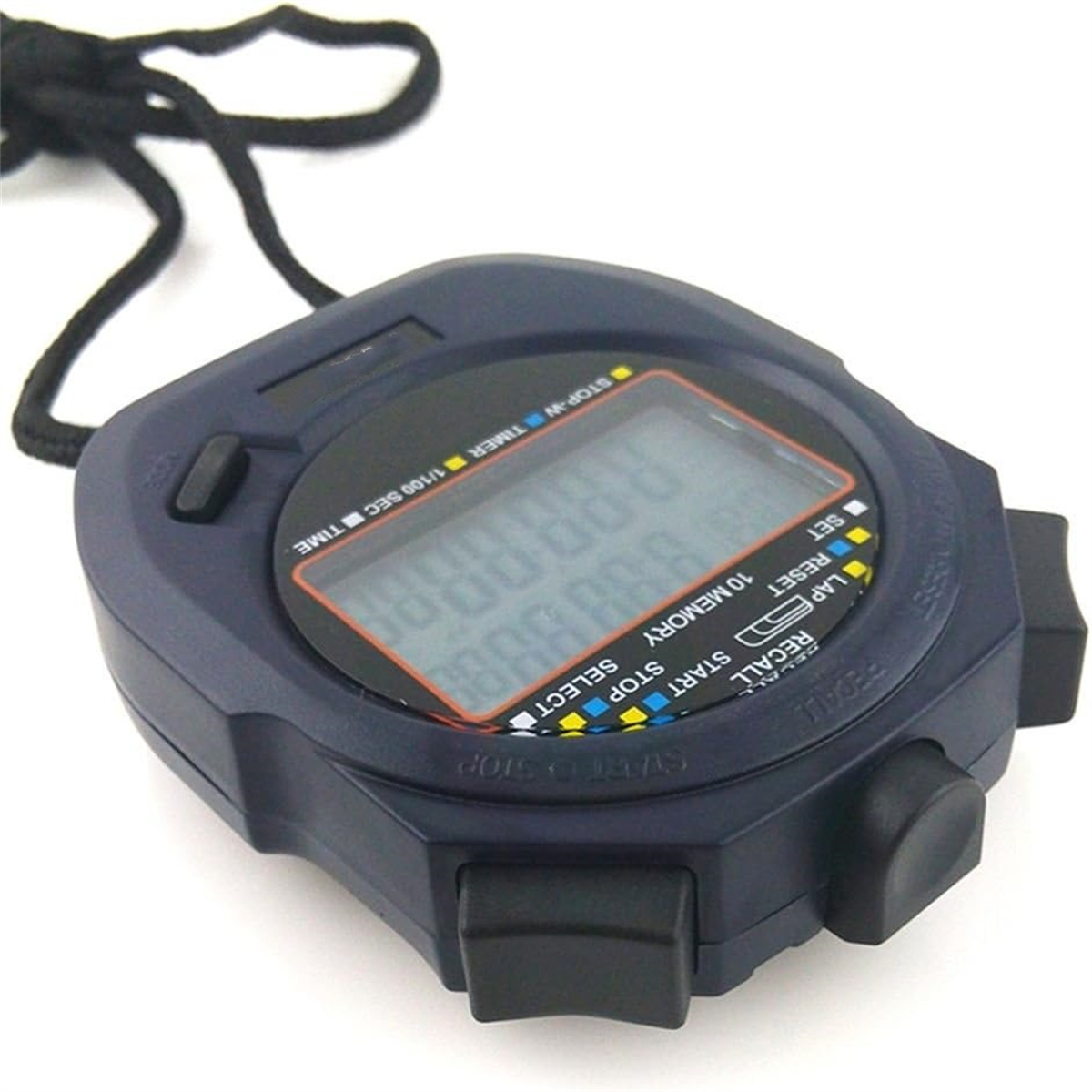 Eine digitale Stoppuhr mit schwarzem Gehäuse, Knöpfen und Display. Sie hat eine schwarze Schnur und liegt auf einer weißen Oberfläche.