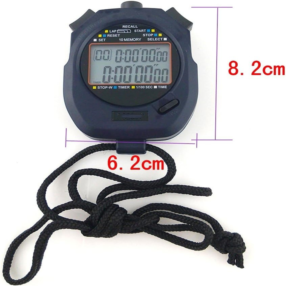 Eine digitale Stoppuhr mit schwarzem Gehäuse und schwarzem Band. Der Bildschirm zeigt Zahlen an. Die Abmessungen betragen 8,2 cm und 6,2 cm.