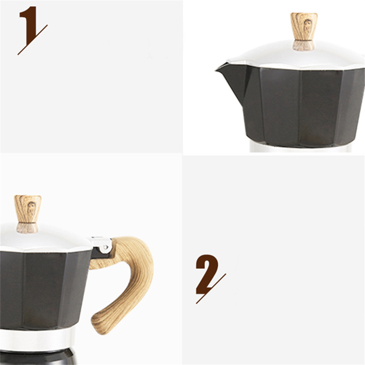 Eine schwarze und silberne Kaffeemaschine mit Holzgriff und Deckel. Der Hintergrund ist weiß mit braunen Zahlen 1 und 2.