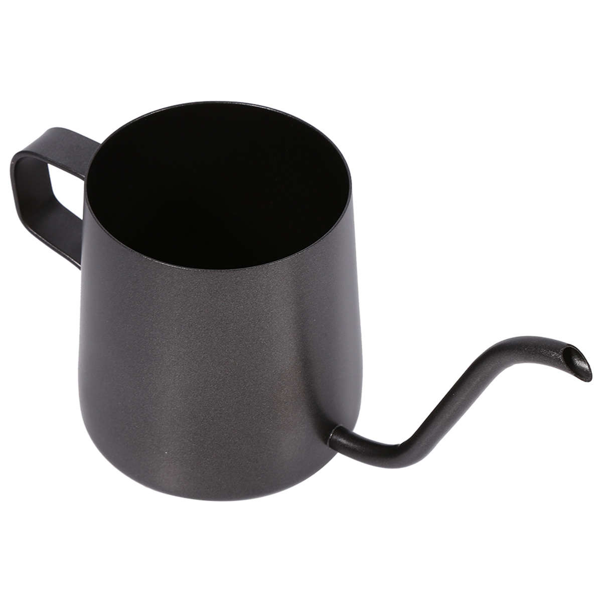 Eine schwarze Schwanenhalskanne mit Griff und Ausguss auf weißem Hintergrund. Sie wird zum Eingießen von heißem Wasser über Kaffeepulver verwendet.