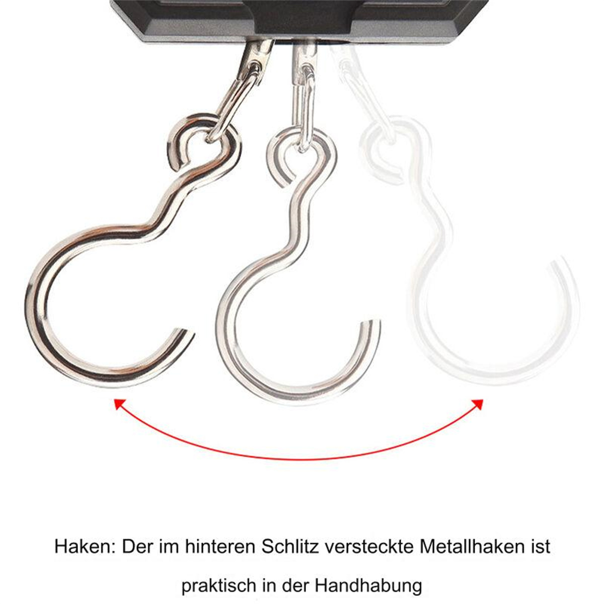 Zwei silberne Haken hängen an einer schwarzen Stange. Ein roter gebogener Pfeil zeigt die Bewegung.