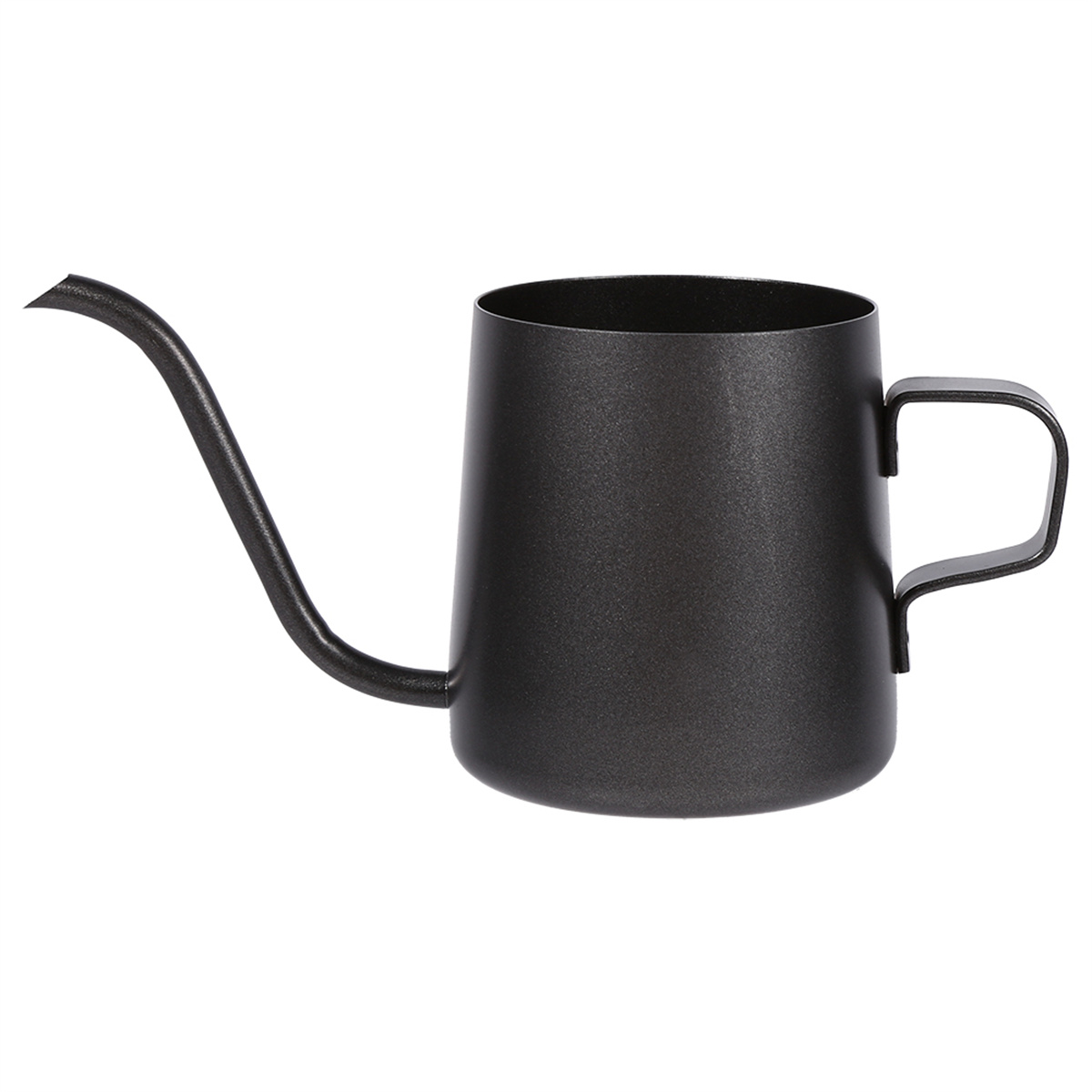 Eine schwarze Kaffee-Kanne auf weißem Hintergrund. Sie hat einen langen, gebogenen Ausguss und einen Griff.