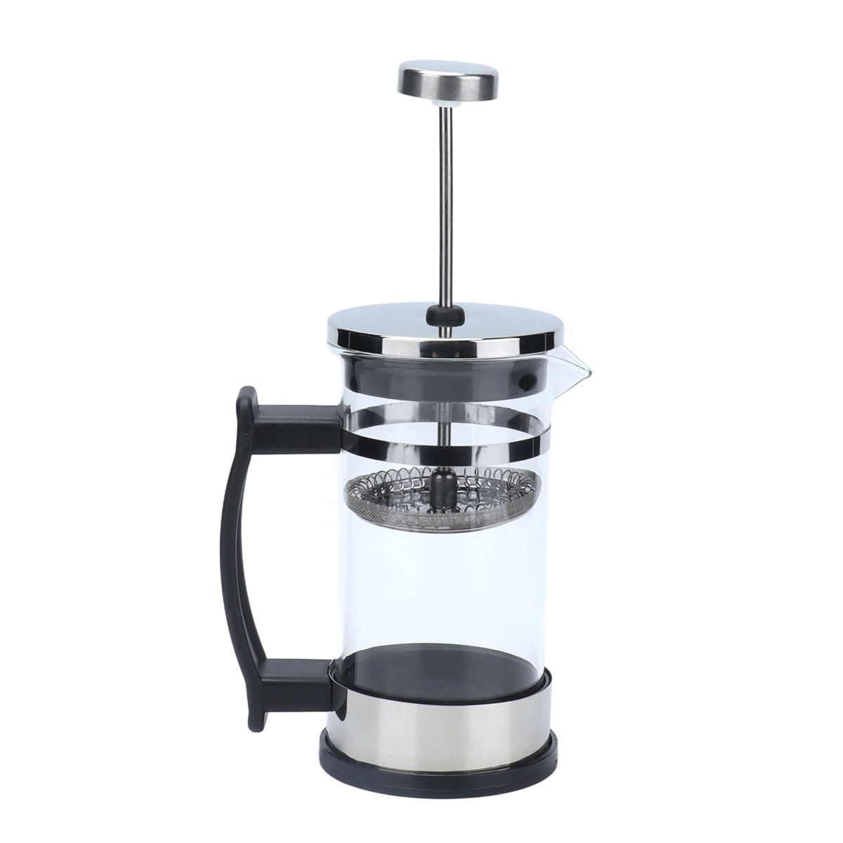 Ein French-Press-Kaffeezubereiter. Er hat einen Glaskörper, einen Metallfilter, einen Deckel und einen Griff. Der Hintergrund ist weiß.