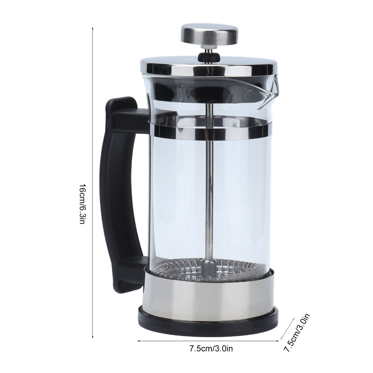Eine French-Press-Kaffeemaschine. Sie hat einen Glaskörper, einen Metalldeckel und -boden sowie einen schwarzen Griff. Abmessungen angegeben.