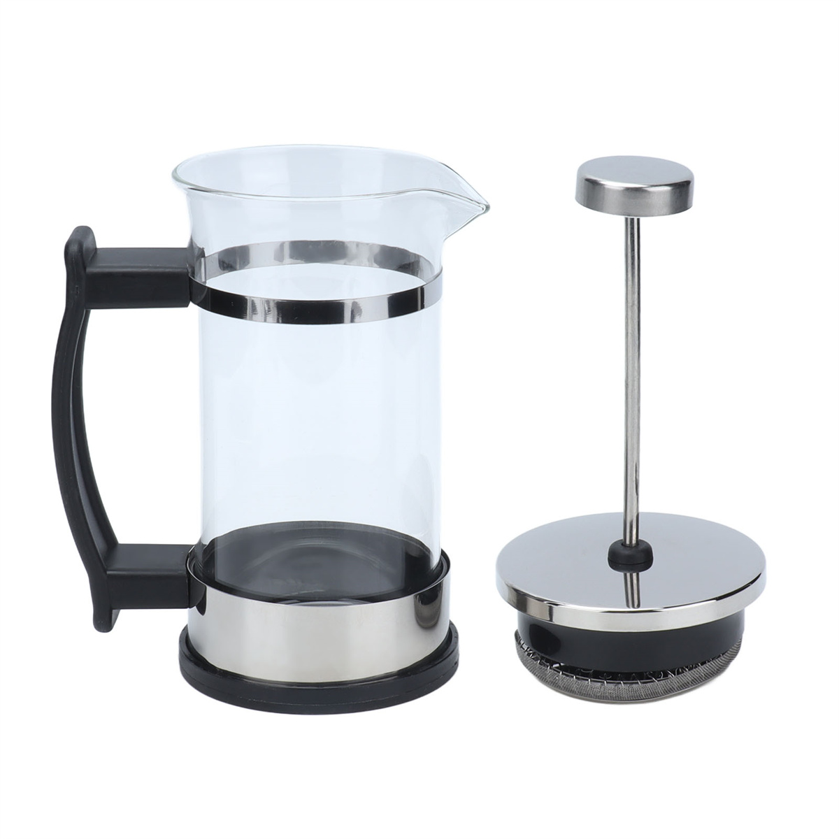 Zerlegter French-Press-Kaffeebereiter. Er hat eine Glaskaraffe mit Griff und einen separaten Kolben mit Filter.