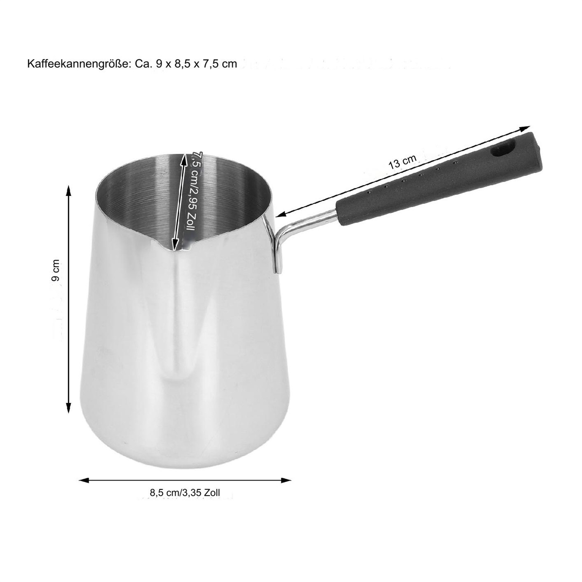 Eine Kaffeekanne aus Edelstahl mit schwarzem Griff, Maße sind angegeben. Die Kanne befindet sich auf weißem Hintergrund.
