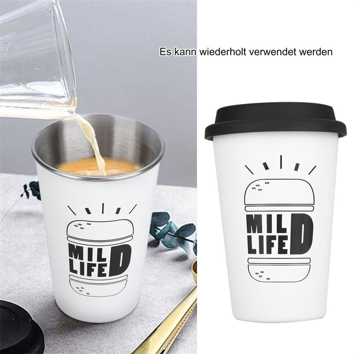 Zwei weiße Becher mit schwarzen Deckeln. Einer wird mit Flüssigkeit gefüllt. Beide haben ein Burger-Design und den Text 'MIL LIFE'.